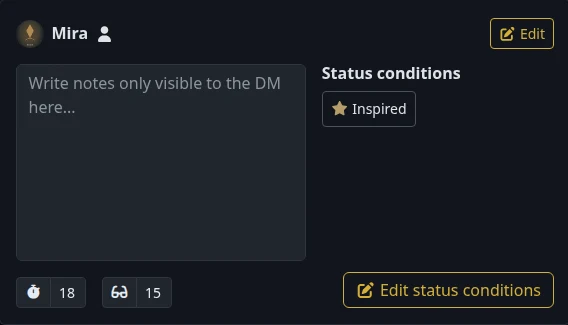 Mira’s active-character controls with an Inspired condition badge and the Edit status conditions action