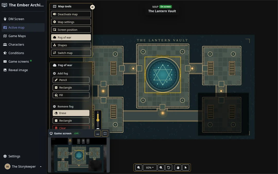 dm-screen.com map editor with Fog of war tools, a partially hidden room, and a small game-screen preview