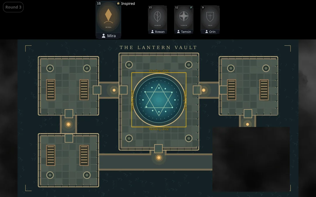 dm-screen.com game display with character cards above the Lantern Vault map and one room covered by fog