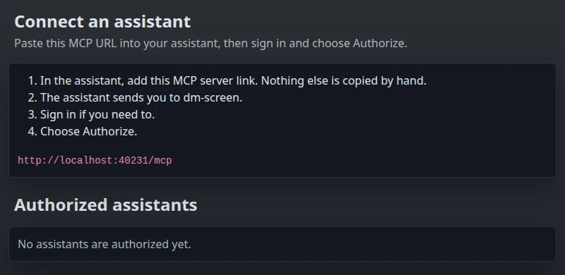 Assistant access page with connection steps, the local sample MCP URL, and an empty Authorized assistants list