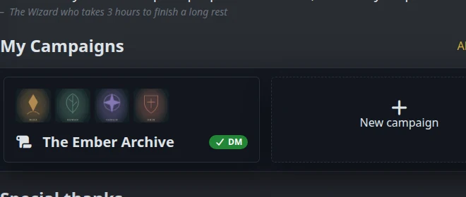 The Ember Archive campaign tile showing the four sample character emblems above its name and DM badge