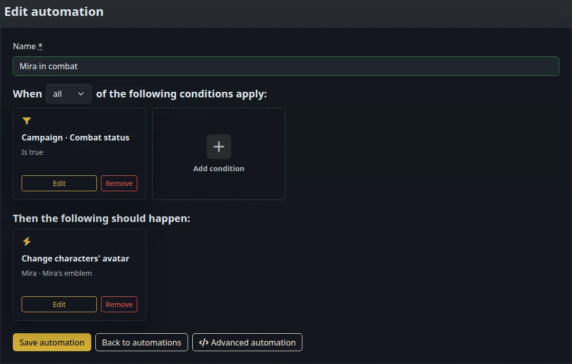 Automation editor with a saved Mira in combat rule and a Campaign combat-status condition